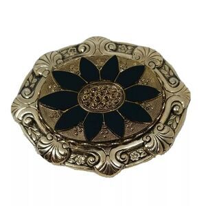 Gold Tone Black Brooch Decorative Pin Flourish Shells Vintage Art Nouveau Style